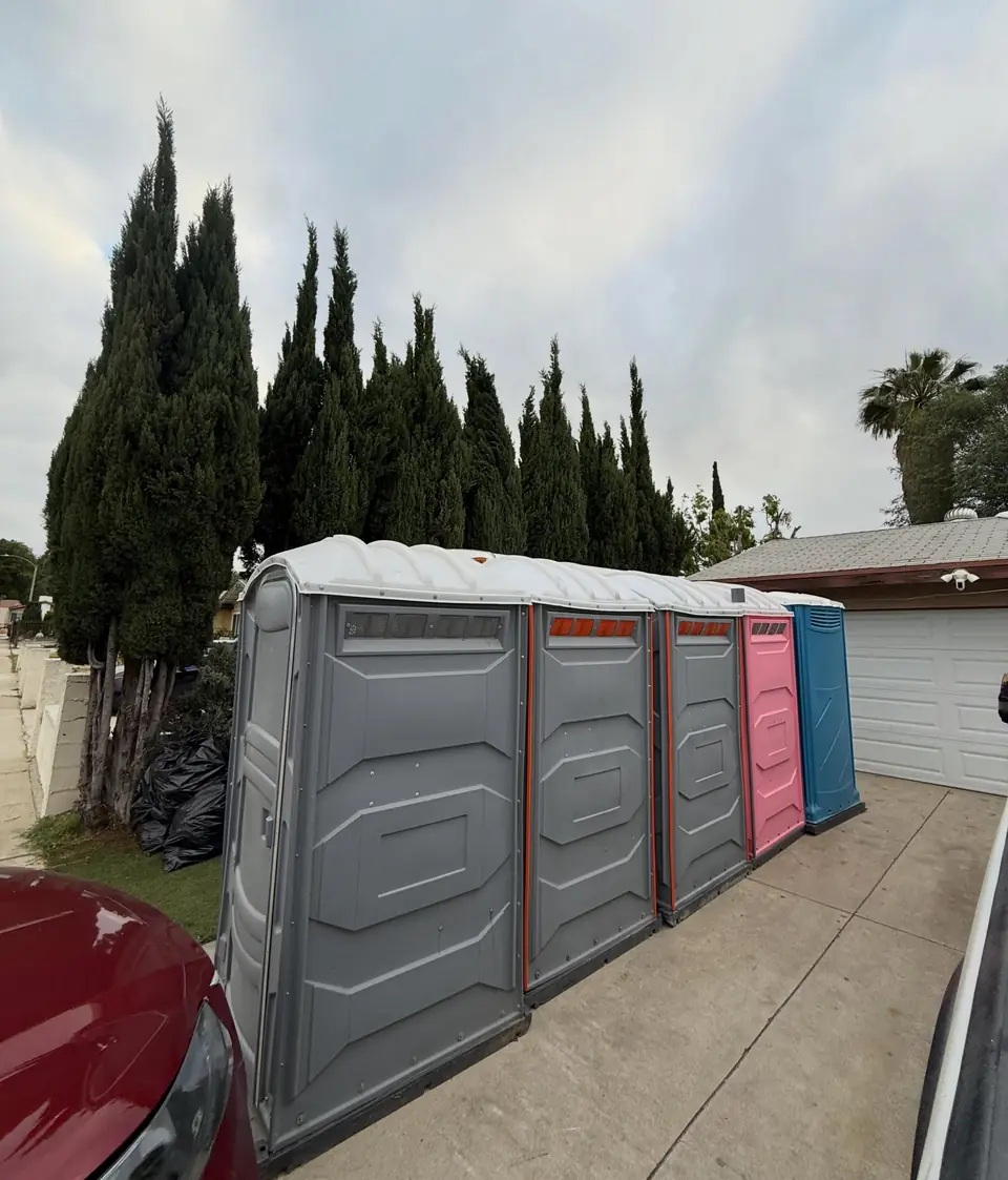 Row of porta potties set along a residential driveway